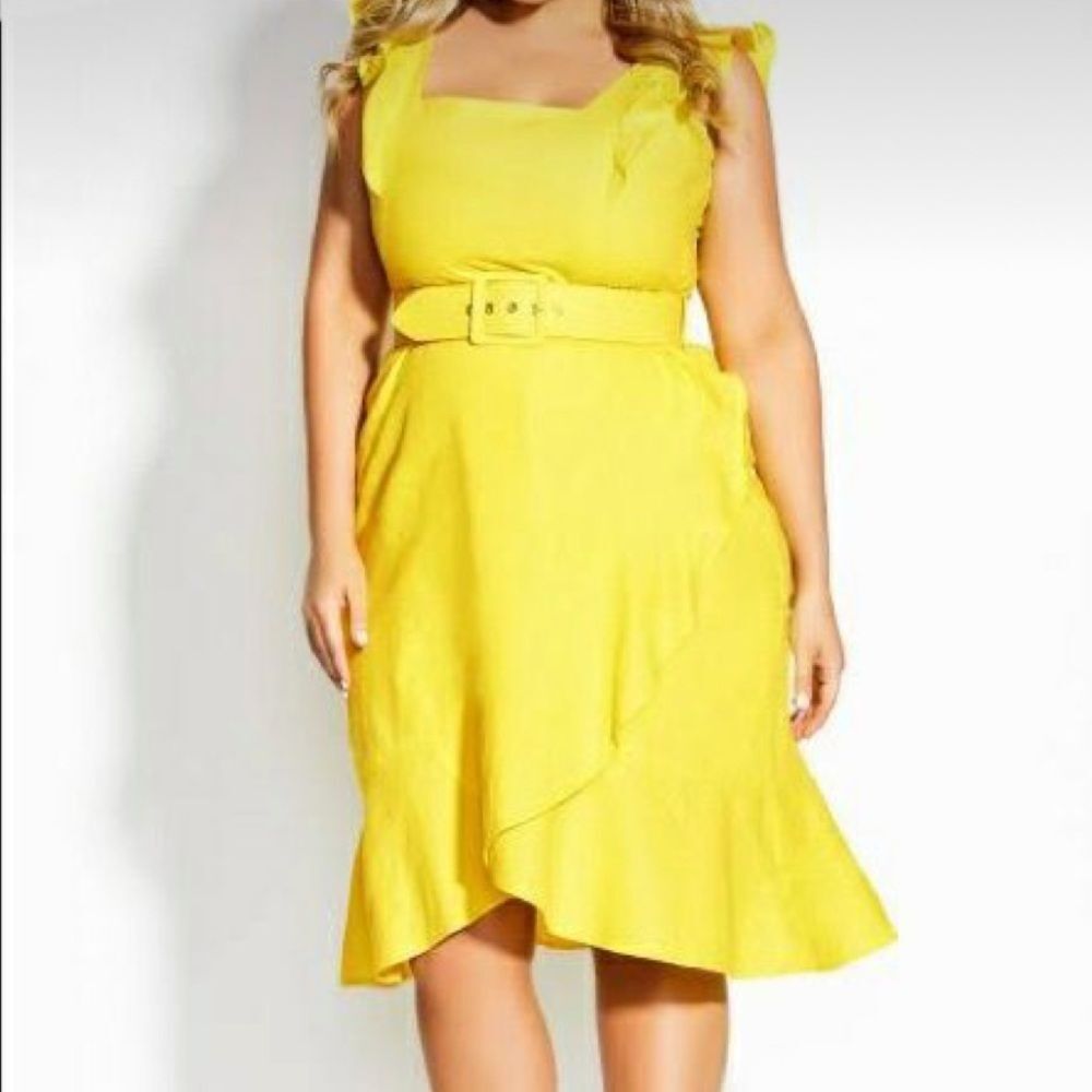 NEW City Chic Frill Thrill Dress Linen Blend Ruffle Detail in Zest Yellow XS/14